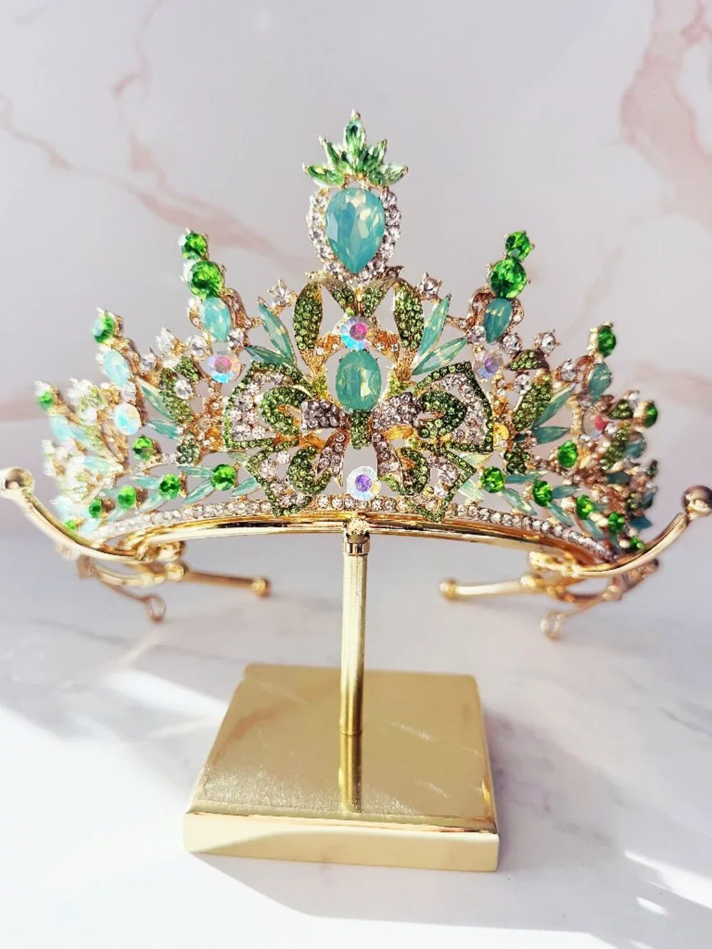 Green Peacock Crystal Tiara Gold Tone Rhinestone Crown Wedding Pageant Prom